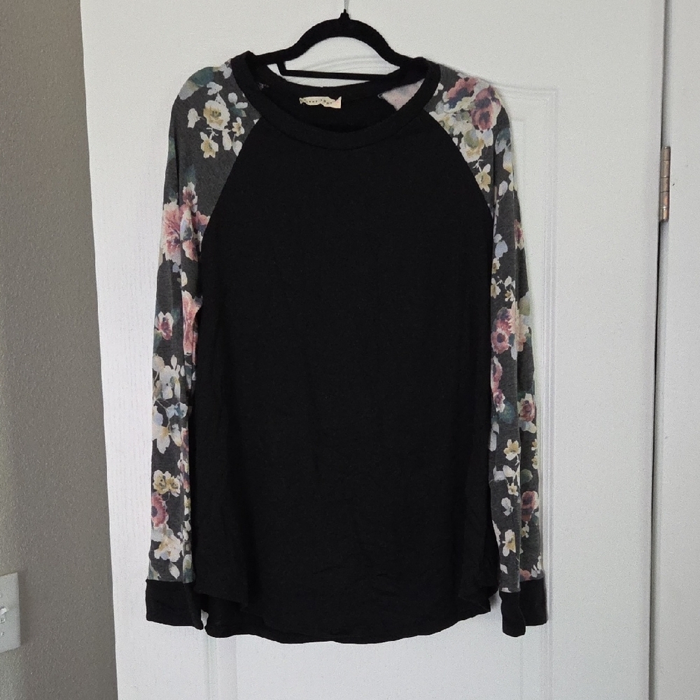 First Looks Black Long Sleeve Top with Floral Sleeves Size 1XL
